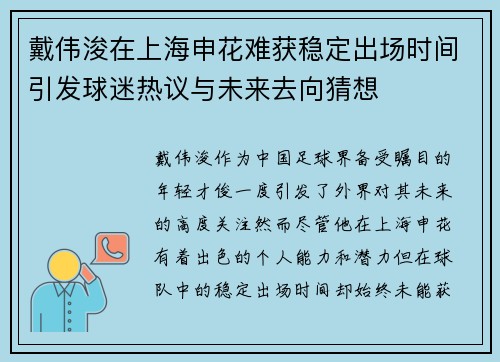 戴伟浚在上海申花难获稳定出场时间引发球迷热议与未来去向猜想