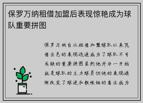 保罗万纳租借加盟后表现惊艳成为球队重要拼图 保罗万纳租借加盟后表现惊艳成为球队重要拼图